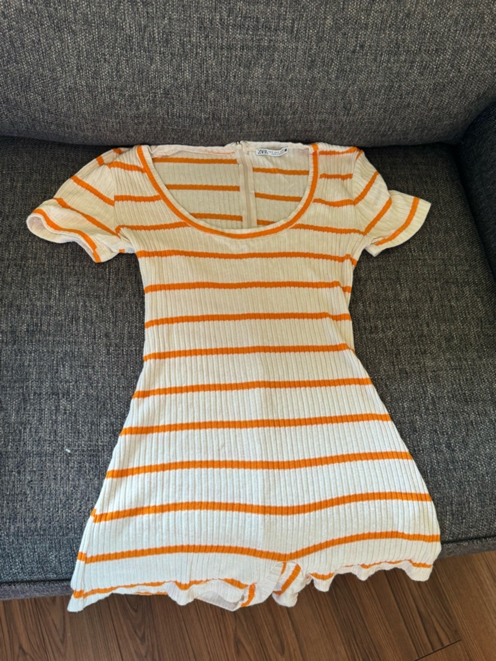 Adorable Striped Scoop-Neck Ribbed Romper in Cream & Orange